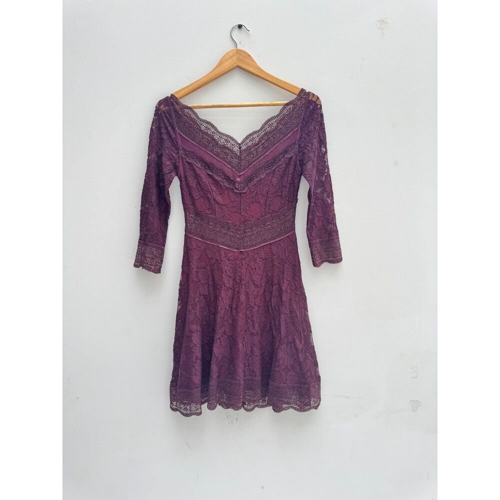 Free People Purple Lace Crochet Trim Mini Dress Off The Shoulder Boho Cocktail S